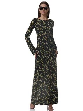AFRM Jetta Black Maxi Dress with Green & Yellow Citrusy Floral Print Chic
